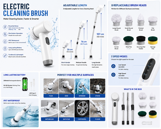 Electric cleaning brush with features and uses displayed on a white background