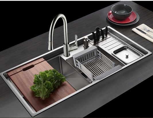 Stainless Steel Over-the-Sink Dish Drying Rack by Zalviro - Organized Kitchen Sink Setup with Integrated Drainer and Cutting Board.