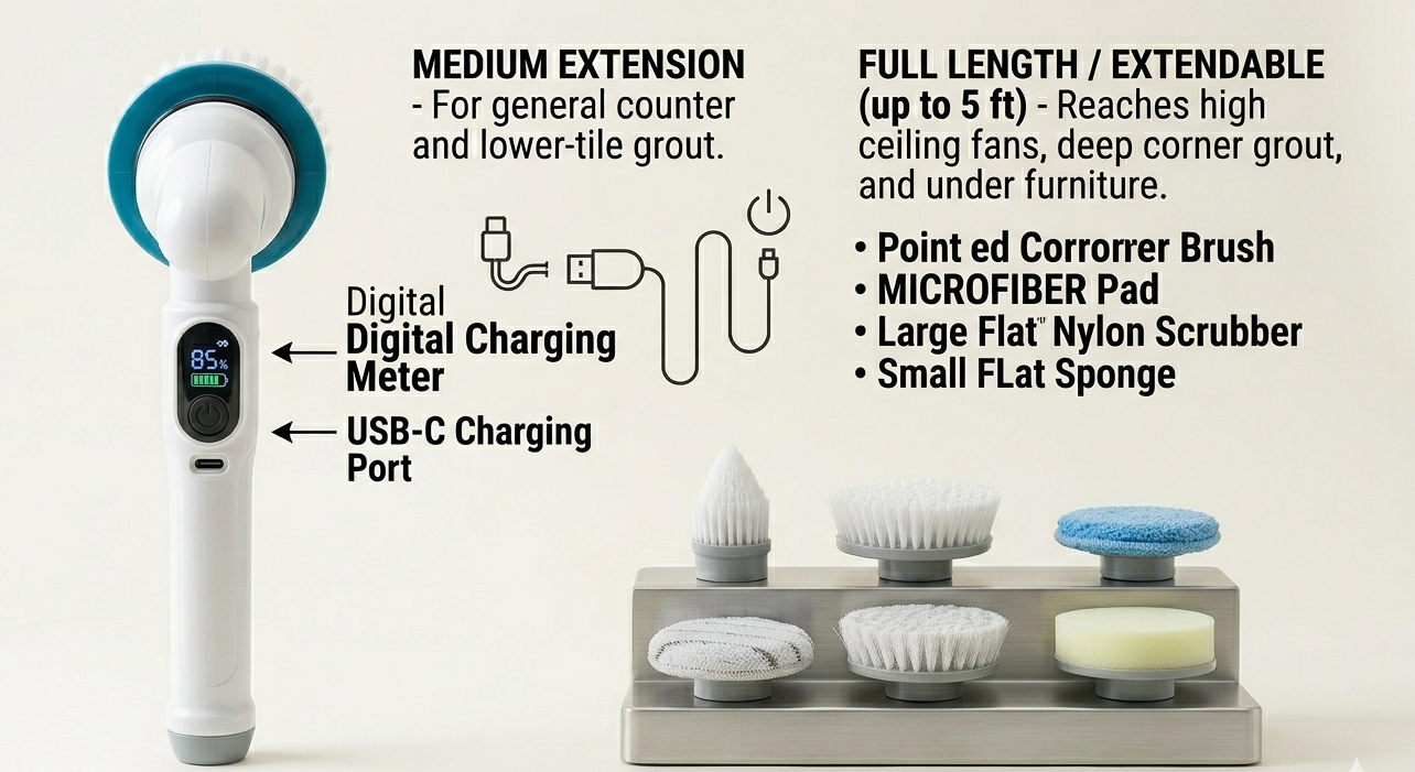 Electric Cordless Spin Scrubber - Powerful Handheld Bathroom and Kitchen Cleaning Brush