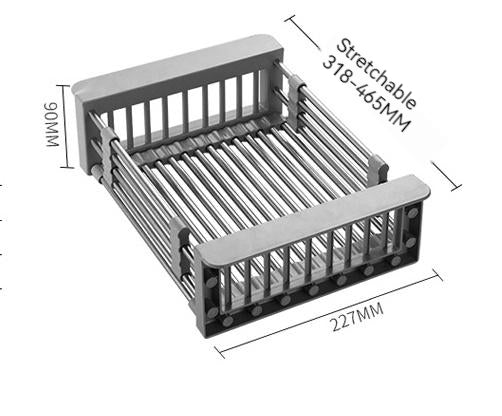 Zalviro Expandable Kitchen Sink Drain Basket - Technical Dimensions showing Stretchable Length from 318mm to 465mm and 227mm Width.