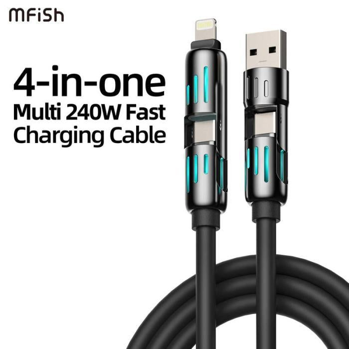 Zalviro mFish 4-in-1 Multi 240W Fast Charging Cable featuring USB-C to Lightning and USB-A connectors in a premium black finish.