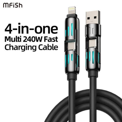 Zalviro mFish 4-in-1 Multi 240W Fast Charging Cable featuring USB-C to Lightning and USB-A connectors in a premium black finish.