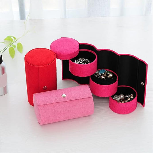 Zalviro Portable Velvet Cylinder Jewelry Organizer Set Displaying Red and Pink Folding Roll Boxes with Three Tiered Ring Compartments