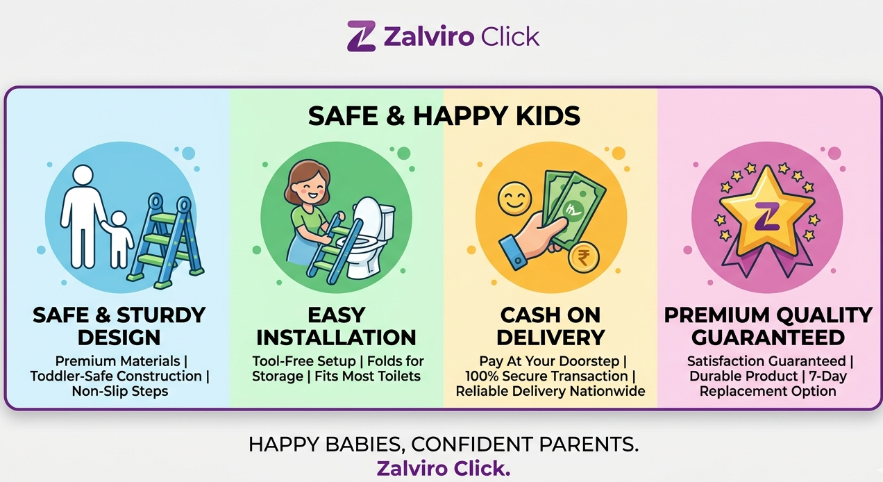Promotional graphic for a toddler safety step product by Zalviro Click, featuring four colorful illustrated panels with icons and text highlighting key selling points: safe and sturdy design, easy installation, cash on delivery, and premium quality guaranteed.