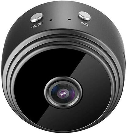 Zalviro Premium A9 Mini Wireless Security Camera In Black Matte Finish Highlighting On Off and Mode Buttons Above The Optical Lens