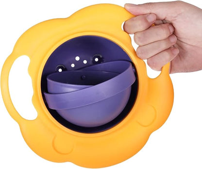 Zalviro Baby Spill Proof Gyro Bowl Featuring Creative Yellow Flower Ring and Purple Inner Rotating Food Compartment