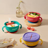 Collection of Three Luxury Aesthetic Baby care Bowls Displayed together on Premium Dining Table setting with Fresh Fruit