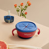 Deep Crimson Red Infant Weaning Suction Dish styled with Cobalt Blue Petal Snack Lid and Matching Straw Base