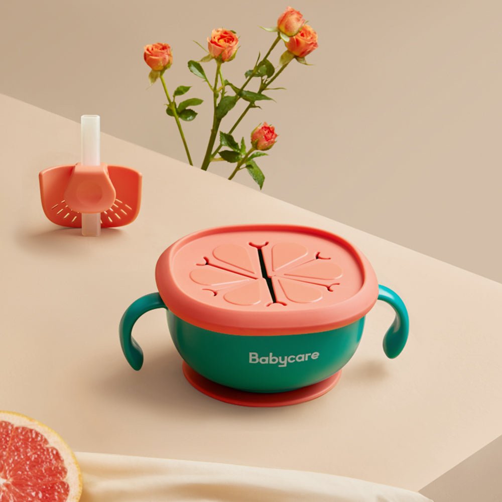 Zalviro Babycare Three in One Feeding Bowl in Teal Green featuring Coral Peach Petal Lid and Matching Ergonomic Handles