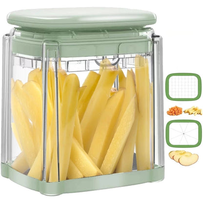 Premium pastel green multi-functional food dicing box layout from Zalviro featuring dual-action sharp interchangeable stainless steel blade cartridges alongside crispy freshly-cut raw potato spears.