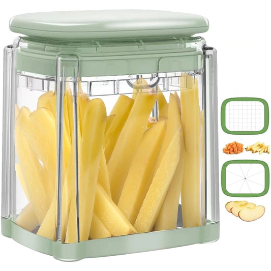 Premium pastel green multi-functional food dicing box layout from Zalviro featuring dual-action sharp interchangeable stainless steel blade cartridges alongside crispy freshly-cut raw potato spears.