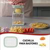 Modern culinary setup highlighting a large raw potato loaded into the high-efficiency dicing hopper with a freshly prepared batch of uniform crispy golden French fries on a signature Zalviro platter.