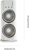 "Compact and portable design of the double-ended spray fan showing height and width dimensions for easy desktop placement."