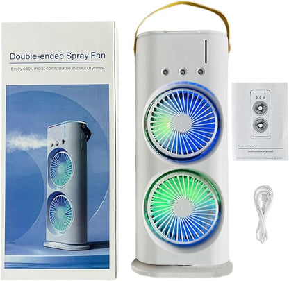 "Zalviro Double-Ended Spray Fan kit in pearl white with RGB LED lighting, leather handle, and dual misting nozzles - Essential for UAE summers."