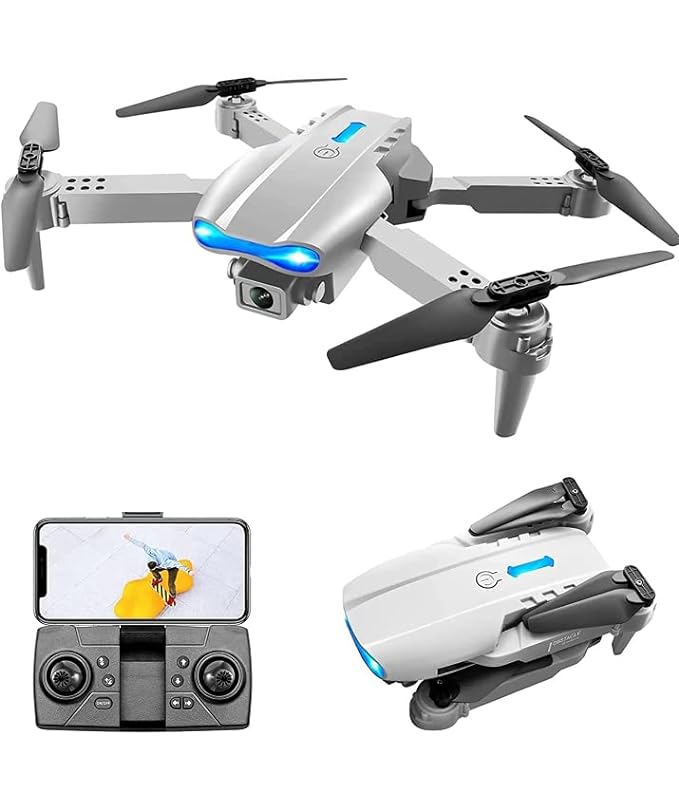 Sleek silver and black E99 Pro foldable quadcopter drone displayed alongside its compact smartphone-holder remote controller and a folded travel view.