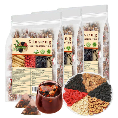 Premium Ginseng Five Treasure Tea pouches featuring a blend of Goji berries, Red Dates, and Mulberry - Natural vitality tea by Zalviro.