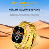Gold smartwatch with desert landscape background and promotional text.