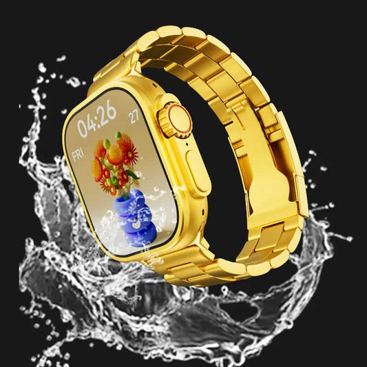 Luxury Gold Ultra Smartwatch with a rugged metallic finish and iconic orange action button - Zalviro Premium Edition.