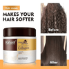 Product packaging with hair before and after treatment, showing softer hair.
