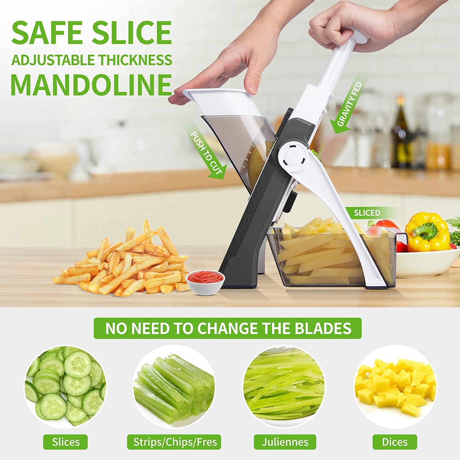Zalviro Safe Slice Adjustable Mandoline Slicer - Multipurpose Manual Vegetable Cutter for Slices, Strips, Juliennes, and Dices without Changing Blades.