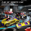 High Speed Competitive Indoor Racing Scene with Red Black and Yellow Sports Toy Cars Drifting on Track