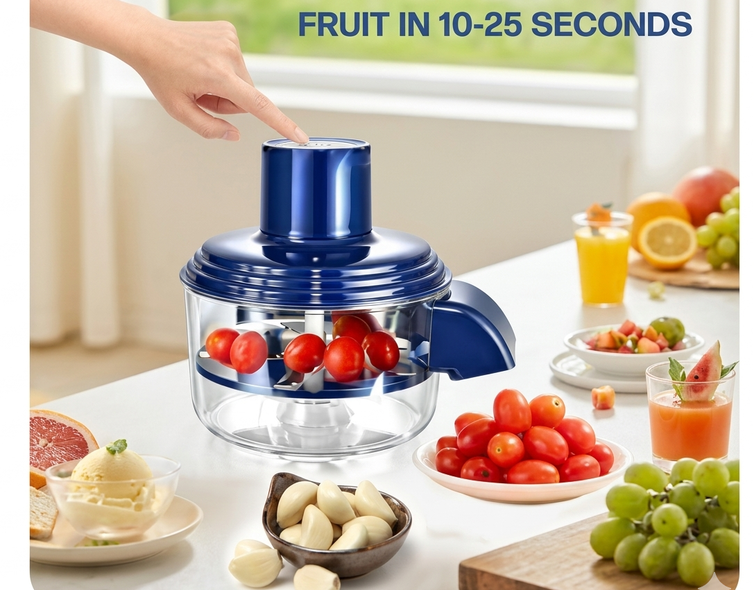 "Hand pressing button on electric peeler for instant fruit processing with fresh grape juice, by ZALVIRO"
