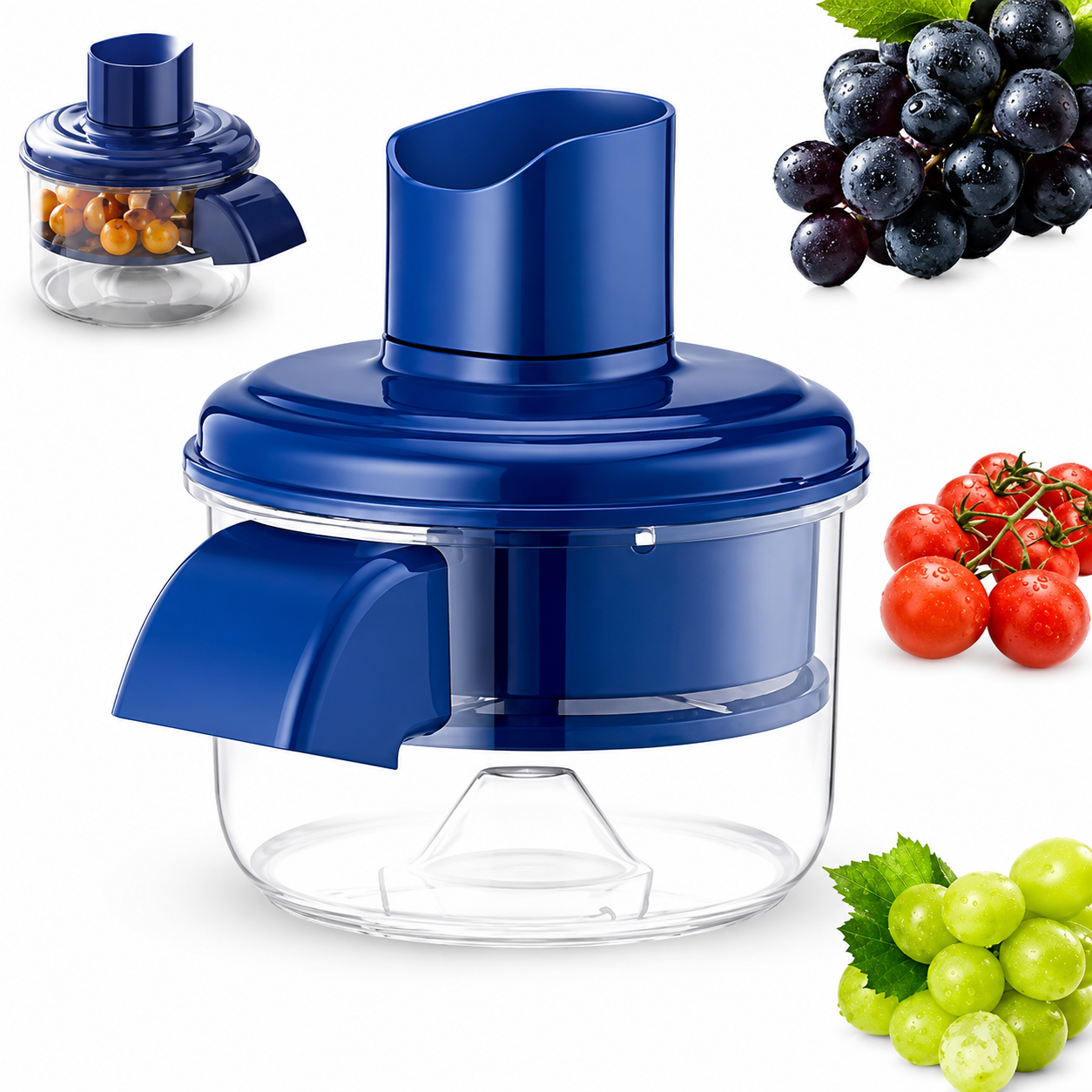 Blue manual juicer with fruits and vegetables on a white background