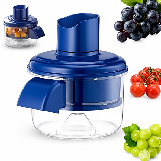 Blue manual juicer with fruits and vegetables on a white background