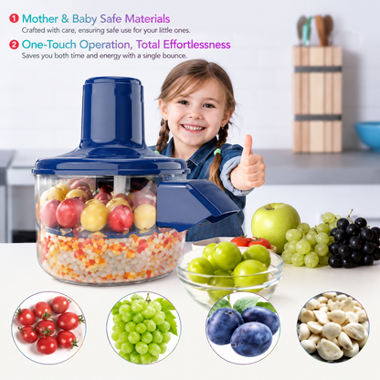 "Happy child with electric food processor and mixed fruit bowl, highlighting safe kitchen design, by ZALVIRO"