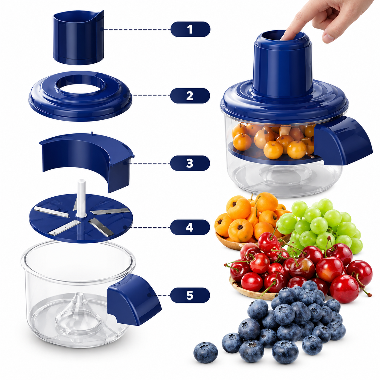 "Detailed assembly diagram showing multi-blade system, top button, and clear bowl components, by ZALVIRO"