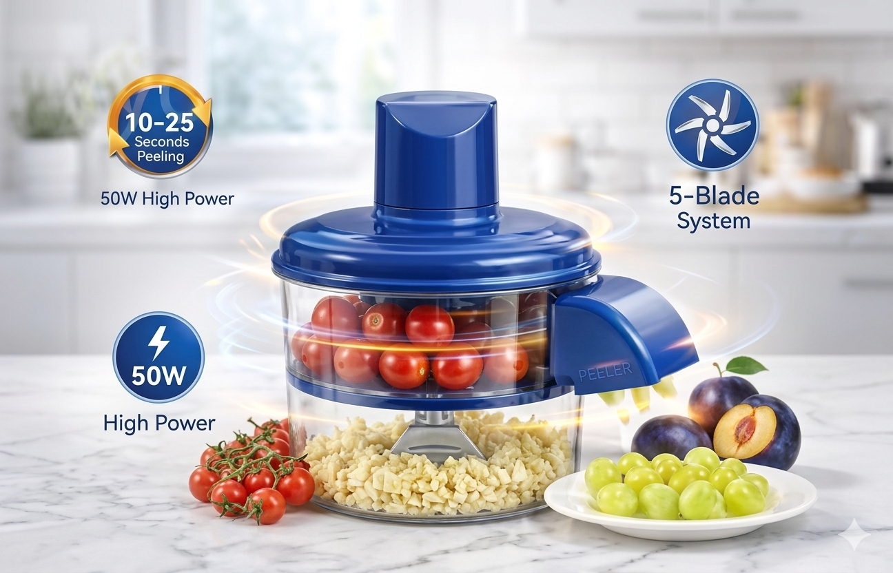 "Summary of 10-25 seconds fast electric peeling specs and easy cleaning features, by ZALVIRO"