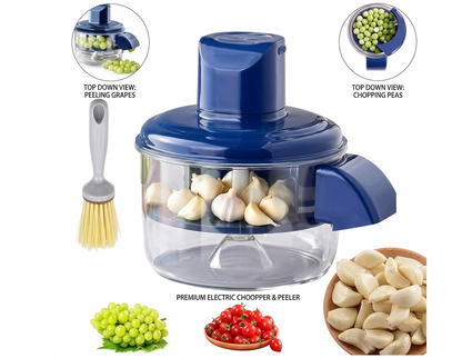 Blue electric chopper and peeler with garlic, grapes, and peas on a white background