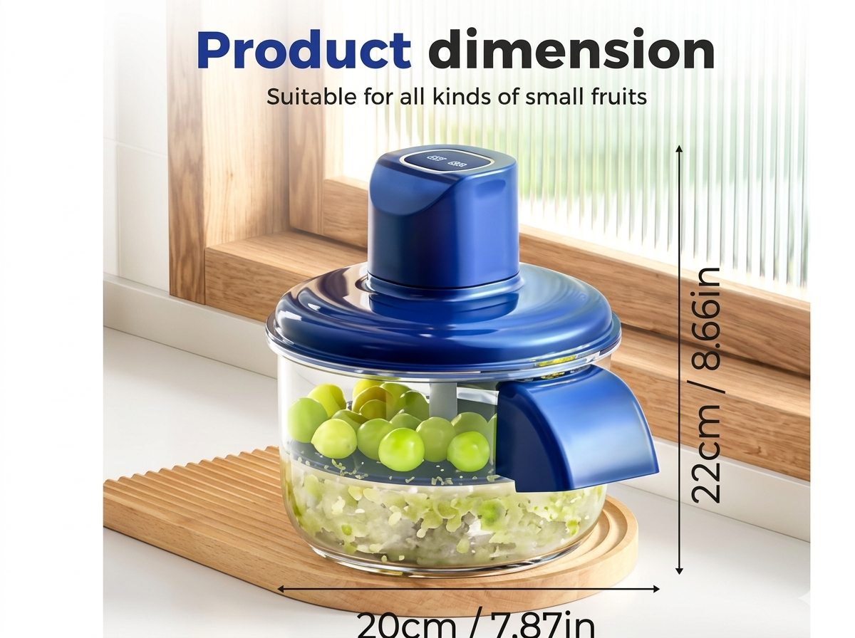 "Technical dimension chart showing exact height and width measurements of the electric peeler, by ZALVIRO"