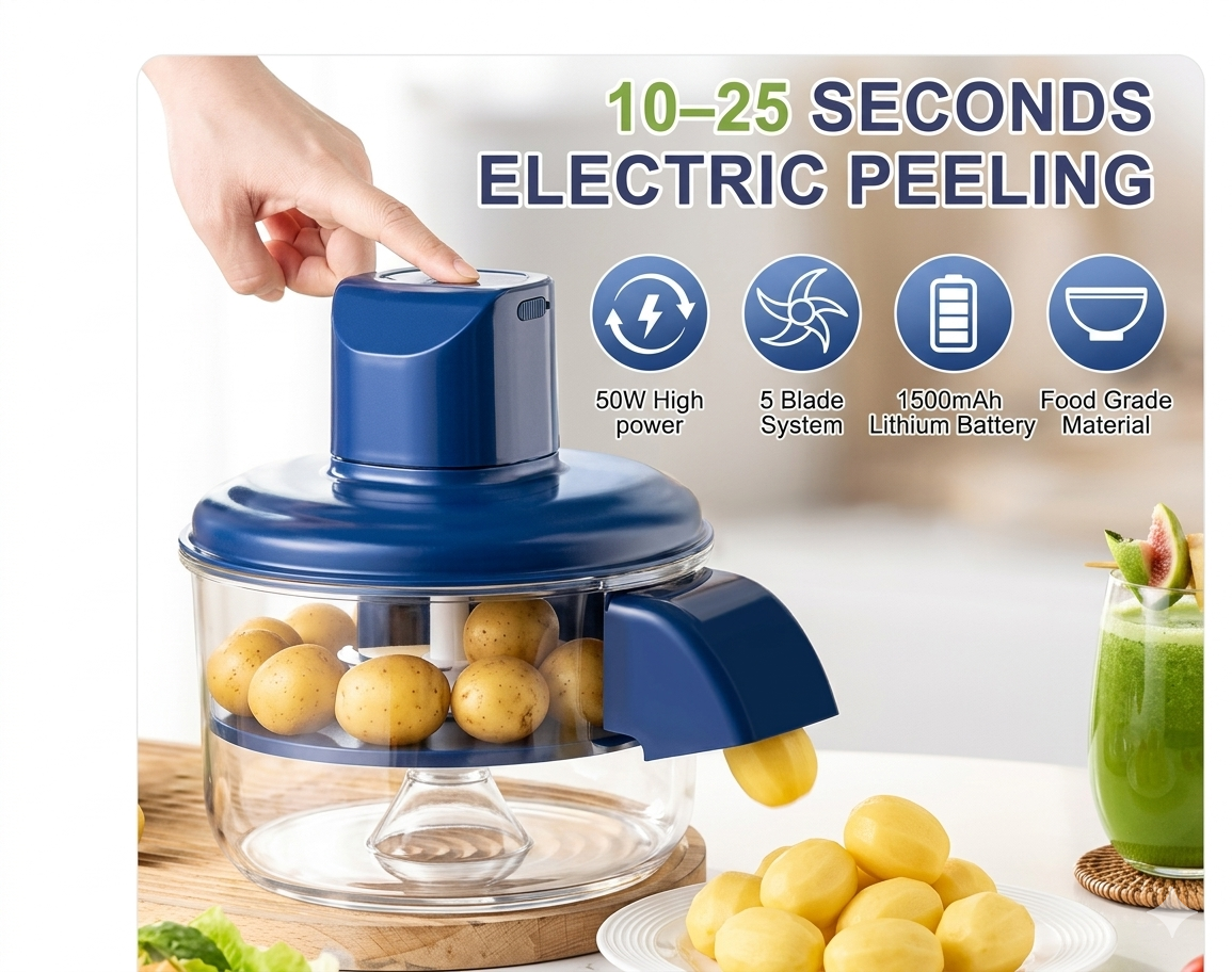 Electric peeler with potatoes being peeled, showing features like 50W high power and food-grade material.