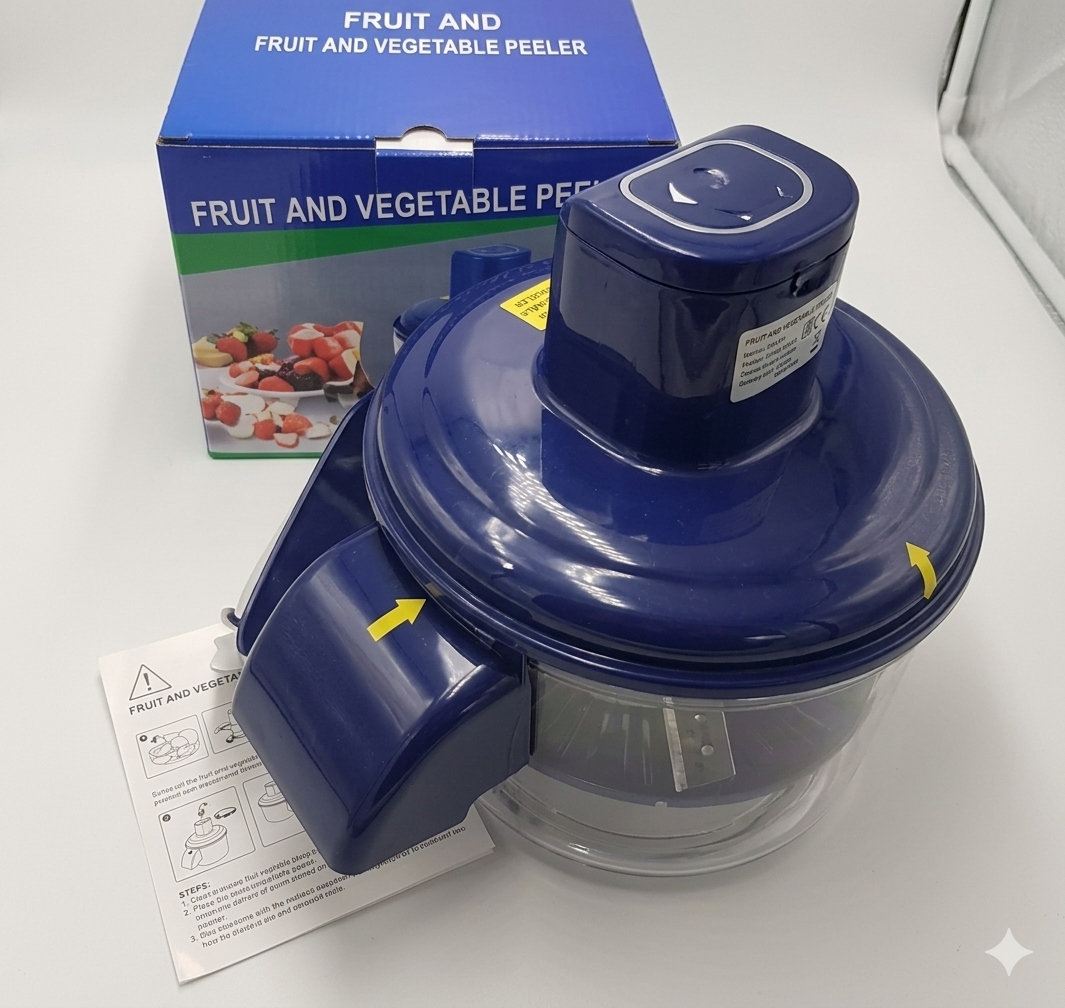"Retail packaging box, manual, and unboxed electric fruit and vegetable processor, by ZALVIRO"