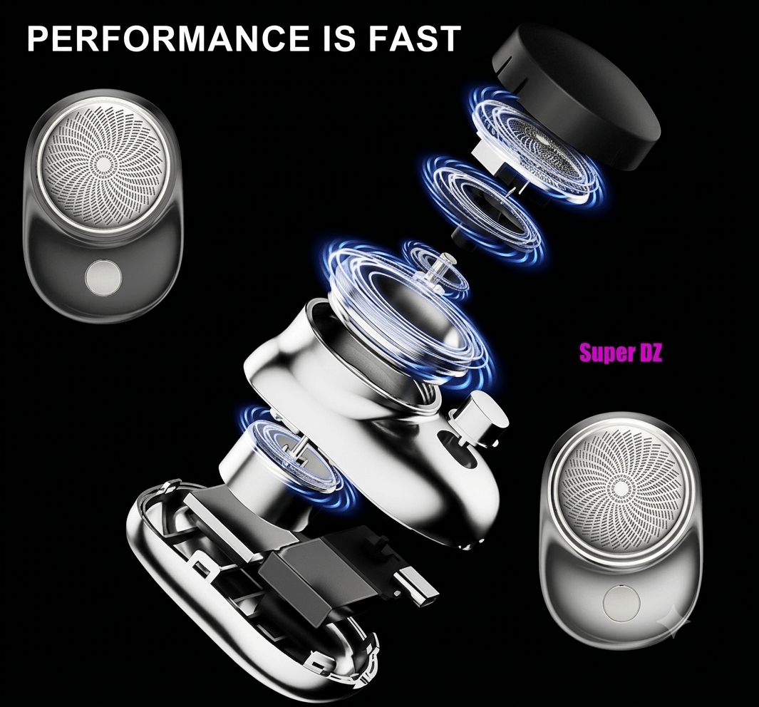 Technical view of the high-performance 6-blade system inside the portable mini electric shaver for men.