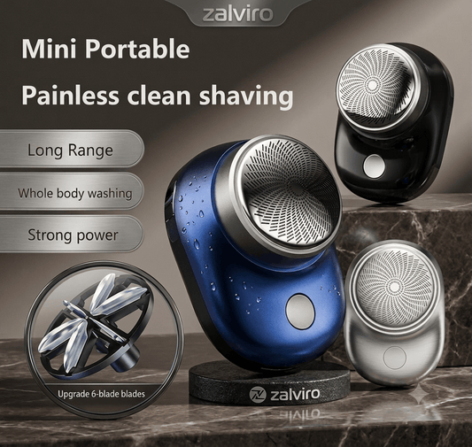 Portable mini electric shaver set with charging base and cover, designed for compact and painless daily grooming.