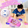 A young boy playing on the floor with the pink musical toy plane, illustrating its automatic omnidirectional bottom wheel system.