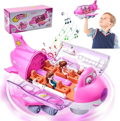 Full view of the retail display cardboard box packaging featuring bright graphics of the electric musical toy airplane next to an isolated product shot..