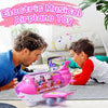 A father and son watching the colorful pink electric airplane toy light up during a fun household playtime session.