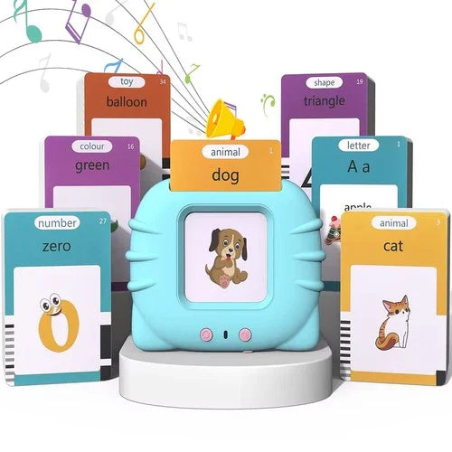 Zalviro – Light blue electronic talking flash card device displayed on a presentation pedestal surrounded by vibrant animal and number learning cards.