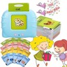Zalviro – Cartoon infographic showing the blue card reader version resting next to stacked educational cards and smiling illustrated children characters.