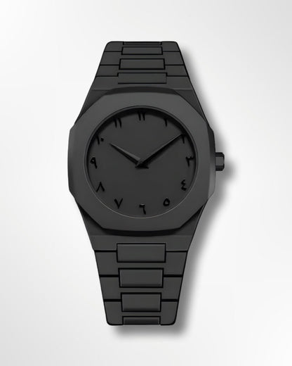 All-black luxury men's watch with a matte finish metallic strap and minimalist black dial - Zalviro