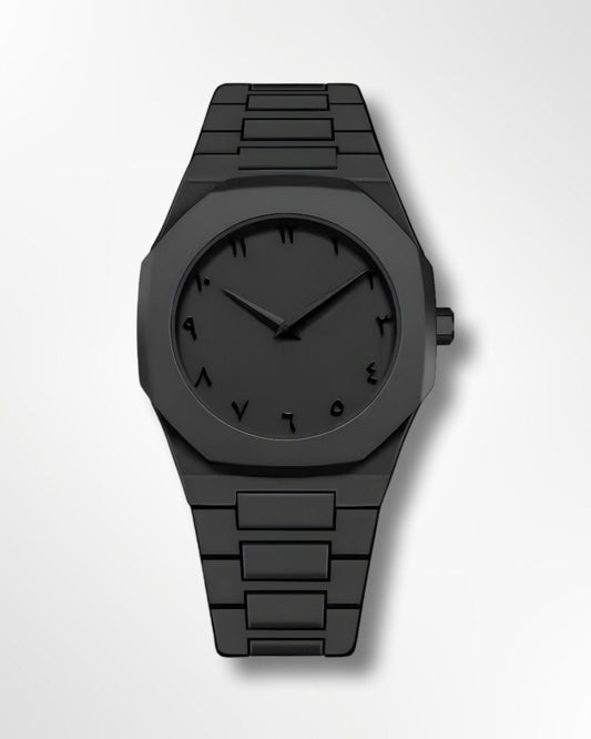 All-black luxury men's watch with a matte finish metallic strap and minimalist black dial - Zalviro